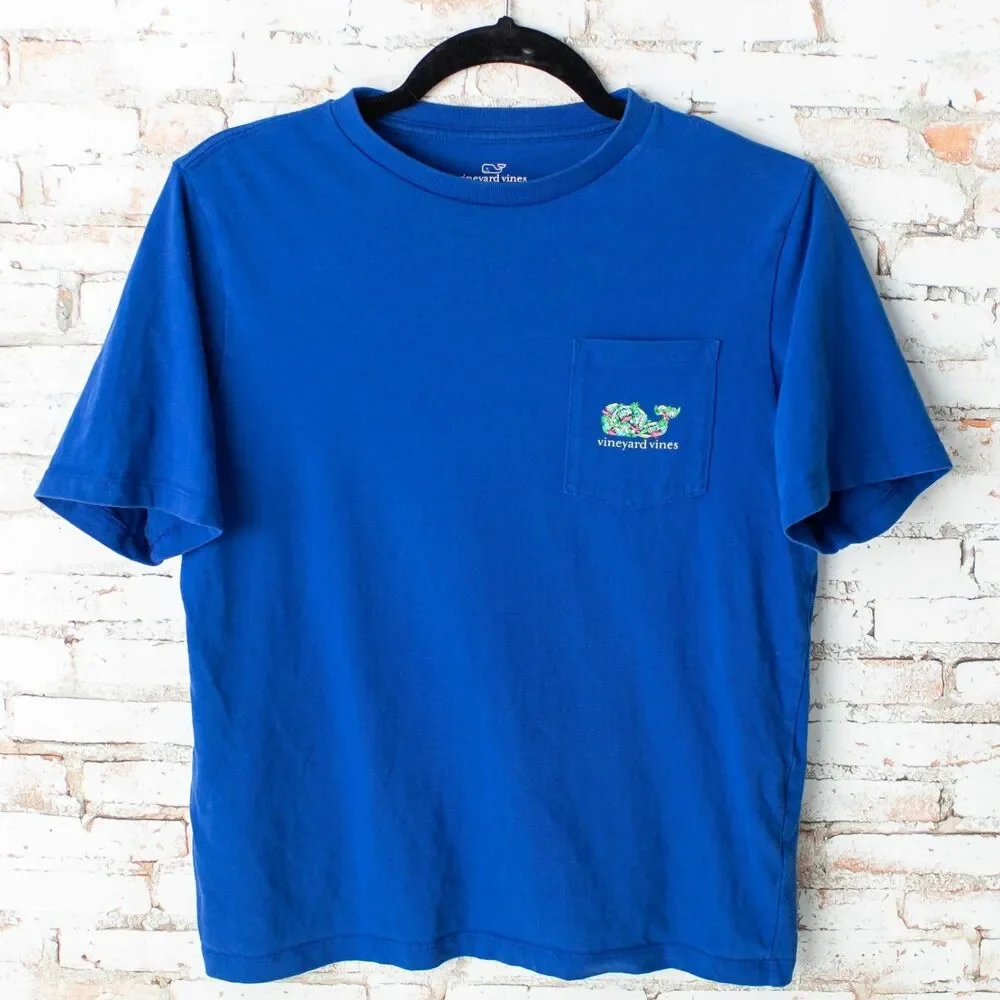 Vineyard Vines Youth Large Blue Tropical Whale Graphic Pocket T-Shirt Cotton